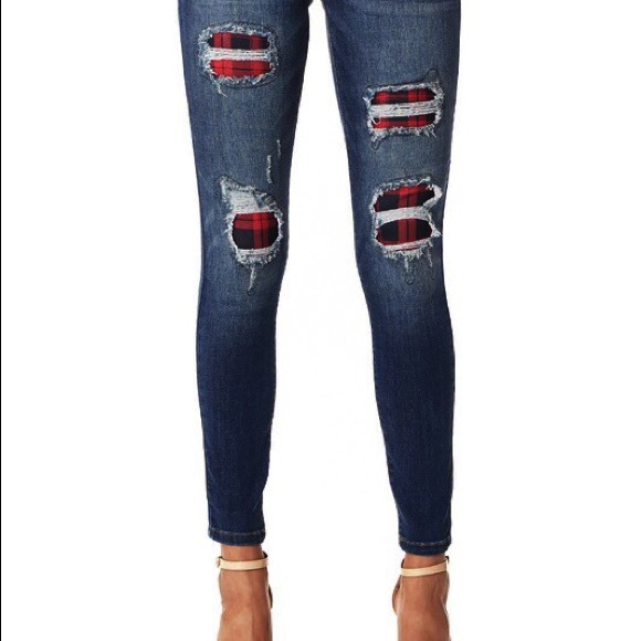 MORE COMING SOON Judy Blue Red plaid patch jeans - Picture 3 of 5